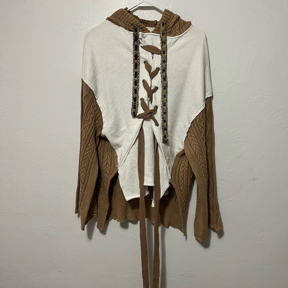POL Boho Cream and Brown Lace-Up Hooded Crew Sweater size L NWOT